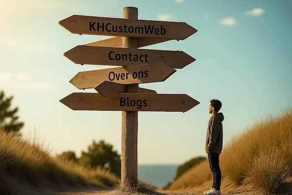 Persoon kijkt naar houten richtingwijzer met woorden als 'KHCustomWeb', 'Contact' en 'Blogs'